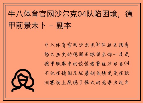 牛八体育官网沙尔克04队陷困境，德甲前景未卜 - 副本