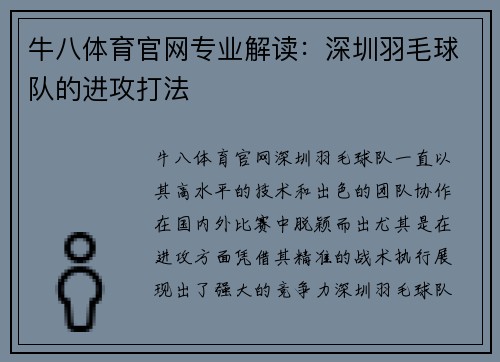 牛八体育官网专业解读：深圳羽毛球队的进攻打法