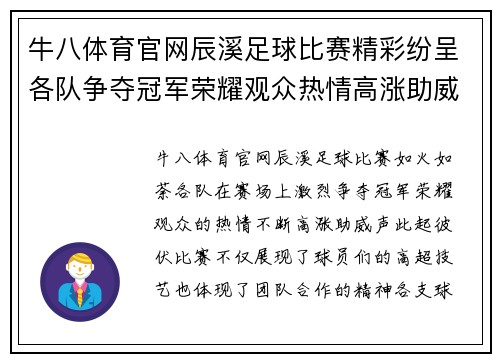 牛八体育官网辰溪足球比赛精彩纷呈各队争夺冠军荣耀观众热情高涨助威不断