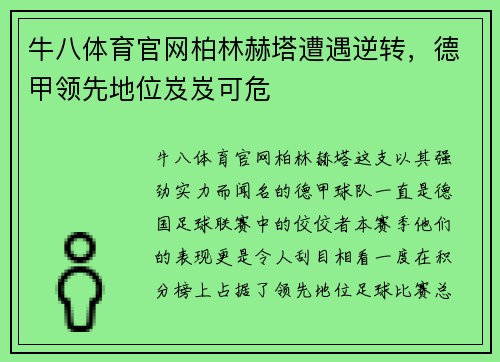 牛八体育官网柏林赫塔遭遇逆转，德甲领先地位岌岌可危